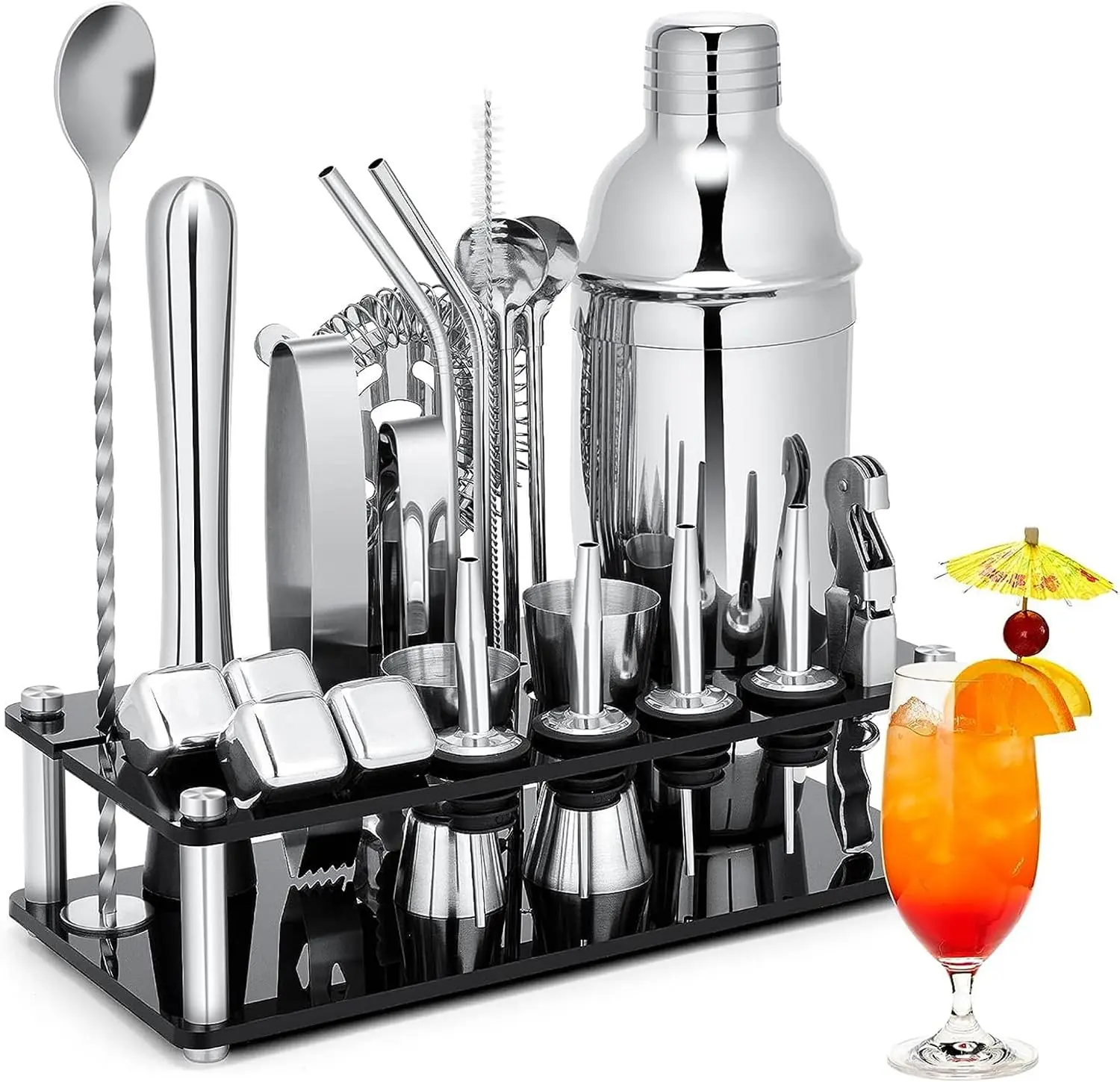 23-Piece Stainless Steel Cocktail Shaker Set with Acrylic Stand, Cocktail Recipes Booklet & 4 Whiskey Stones, Professional Bar Tools for Home, Party Use
