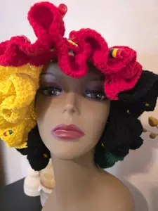 African Flower Granny Square Ruffle Hat - Vibrant, Bold Design with Authentic African Beads, Adjustable Drawstring, and Crochet Artistry