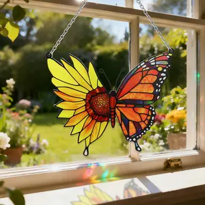 Vibrant Butterfly Stained Glass Pendant – Sunflower & Monarch Design for Home Decor Wall Art Ornament