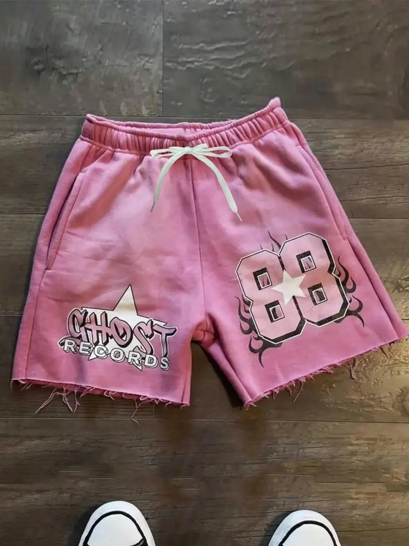 Ghost Records Men's Shorts - Summer Fashion Trendy Sports Comfortable Casual Vacation Beach Pants Pink Knitted Five-Point Mid-Length Pants Unisex Couple Style Menswear Soft Stylish Tropical Stylish Trouser