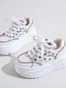 Women's Blue Denim Patchwork Chunky Heel Platform Shoes, Casual Letter Height Increasing Single Shoe, Spring & Fall Faux Leather Sneakers