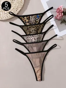5Pcs Valentine's Day Sexy Leopard Print Mesh Thongs, Low-Waist Drop Waist Design, All-Season Fitted Underwear for Women