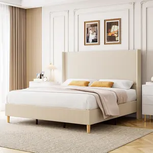 Cozy Corduroy Upholstered Bed Frame – Vertical Channel Tufted Wingback Headboard, Strong Wooden Slats, No Box Spring Needed, Easy Assembly, Bedroom Furniture, Creamy Beige, King