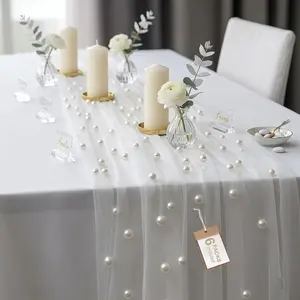 6Pcs Pearl Table Runner 10ft,Table Cloth Tulle Table Cover,Pearl Table Runner for Wedding Party Baby Shower Birthday Home Decor, White