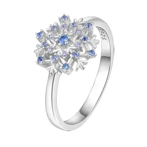3D Snowflake Sparkling Blue CZ Ring 925 Sterling Silver Purple Gradient Crystal Rings for Women Winter Wonderland Aesthetic Jewelry Gift