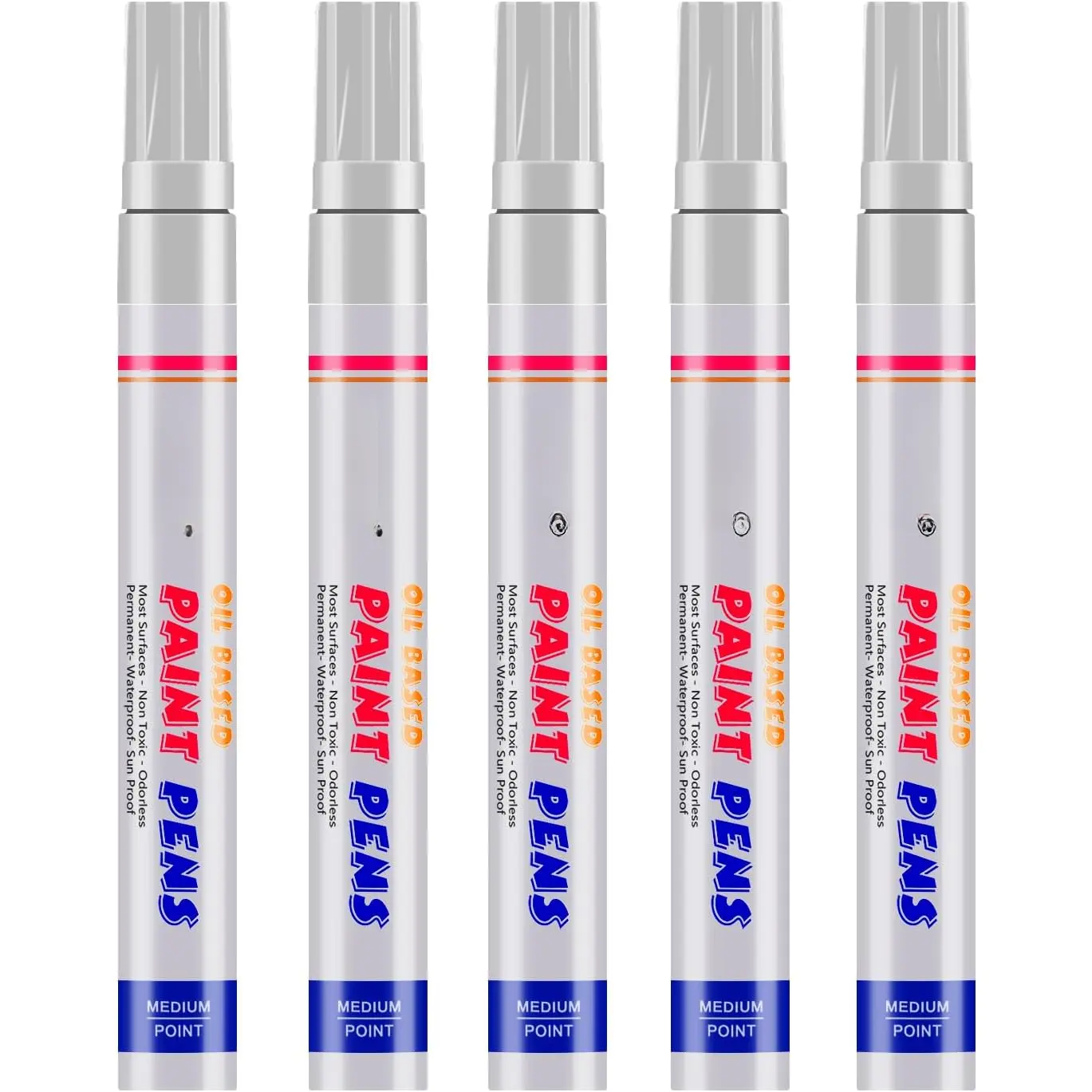 White  Markers, 5 Pack Oil-Based  Quick Dry and Permanent  Pen Set for Rocks Painting, , Plastic, Canvas, Glass, Mugs, Metal, Tire, Stone, DIY Craft