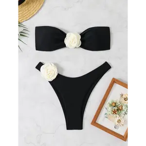 1set Preppy Style Bikini Set, Solid Color Nylon Fabric, Sleeveless Bandeau Top with Rose Applique, High Waist Triangle Bottoms, Removable Pads, Summer Beachwear, Stretchy Knitwear, Polyester Lining, Teens' Two-Piece Swimsuit summer outfits