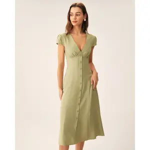 Green V-Neck Button Midi Dress