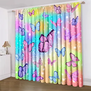 Butterfly Print Curtain, 2 Counts/set Colorful Butterfly Pattern Curtain, UV Protection Curtain for Living Room & Bedroom Decoration, Window Curtain