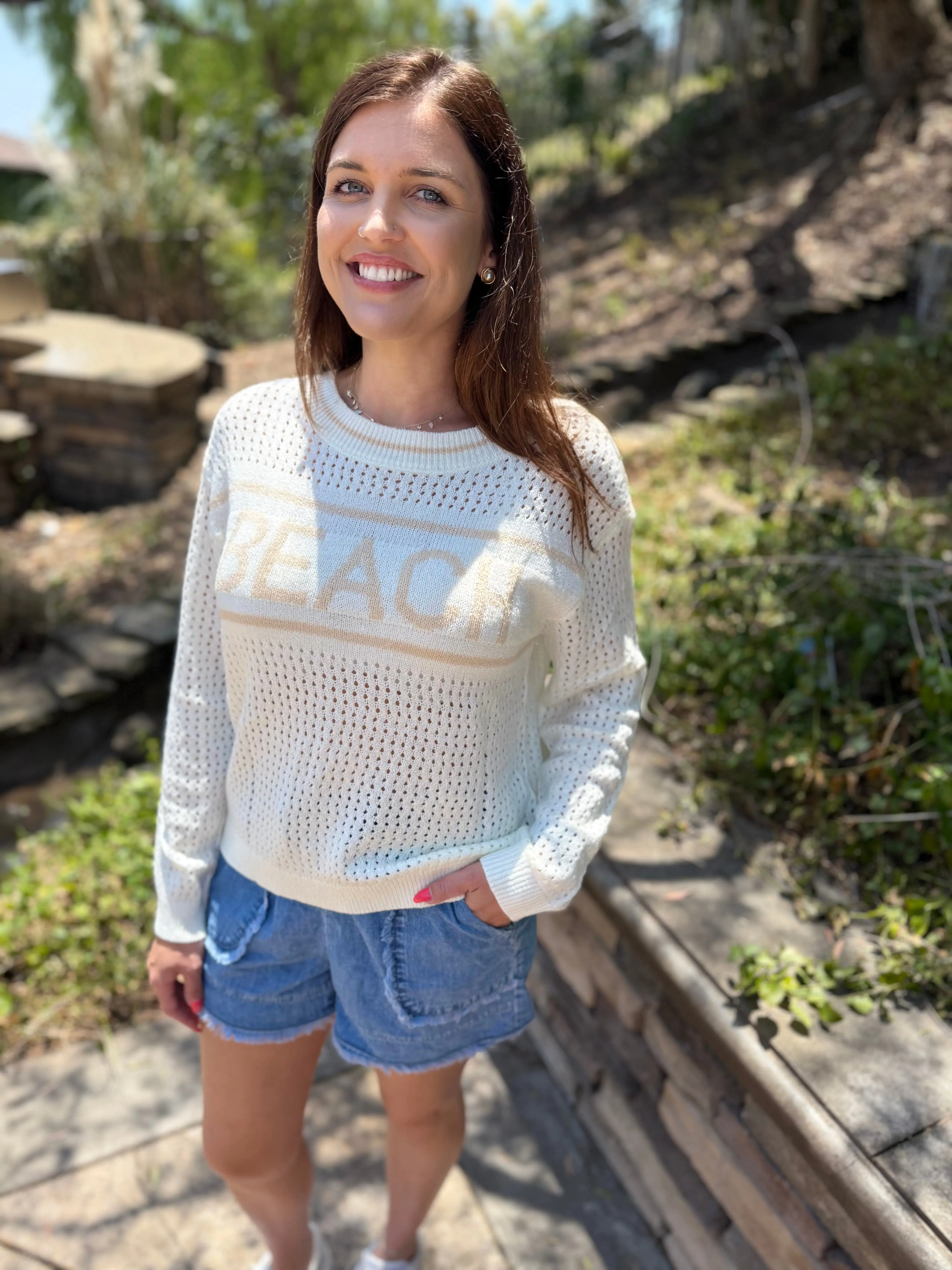 White BEACH Hollow Out Knitted Lightweight Dolman Sweater