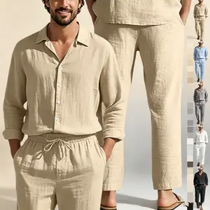 Mens 100% Cotton Crinkle 2 Piece Set Long Sleeve Shirt and Loose Pants Casual Beach Vacation Outfit Breathable Sun Protection Lounge Wear