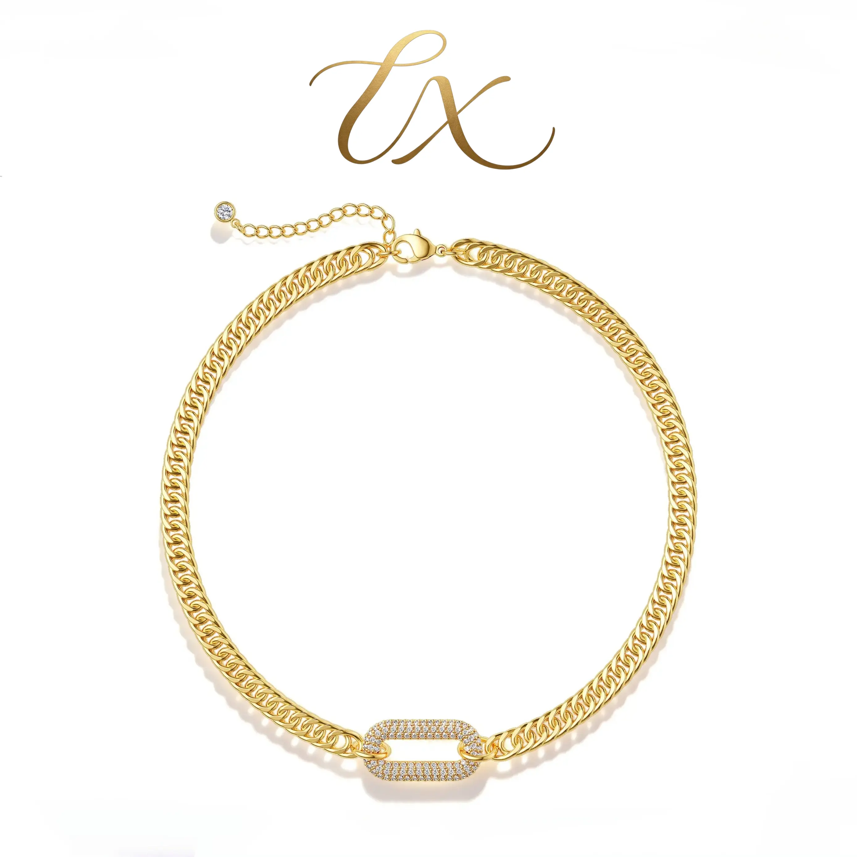 Uxvwez Women's Cuban Link Choker Necklace, 16-in Metal-Coated Gold/Silver Tone with Cubic Zirconia Oval Links, Retro Chain Jewelry Necklaces for Daily Wear, Fashion Gift, Metal Coating