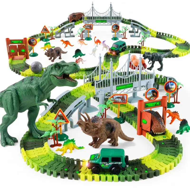 Dinosaur Toys for Kids, 215 Piece Flexible Car Track Set with Battery Operated Cars, Dinosaur Figures, Bridge and Glow in the Dark Stickers, Build Your Own Adventure Playset