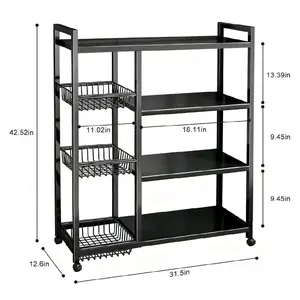 Movable Wire Rack, Heavy-Duty 4-Tier Storage Shelf with 3 Baskets and Wheels