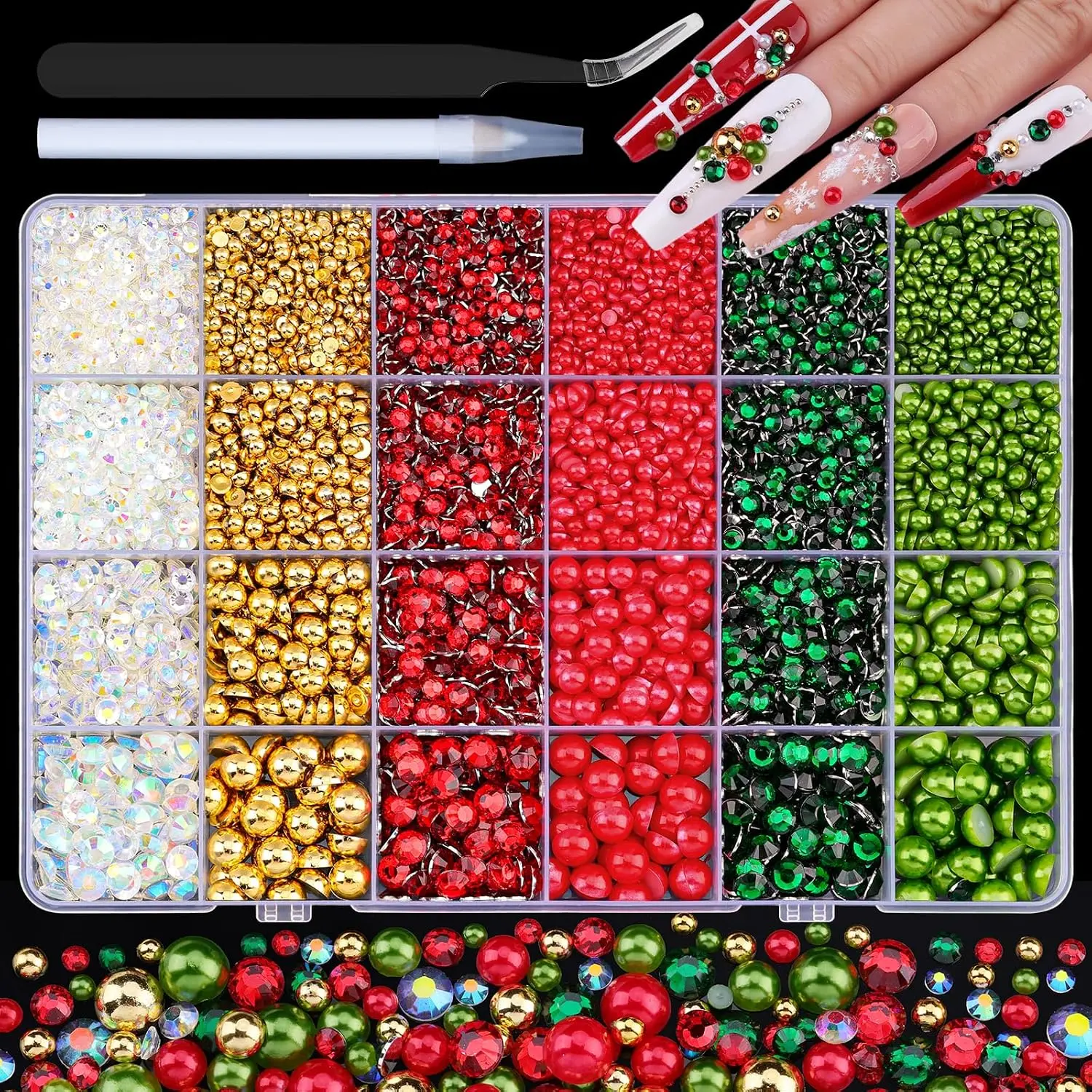 Halloween Fall Gift Flatback Pearls and Rhinestones for Bedazzling Crafts and Half Pearls AB Rhinestones with Tweezer Pen for Nail Art Tumblers Shoes Decoration (Frosted Berry - 24Grid)