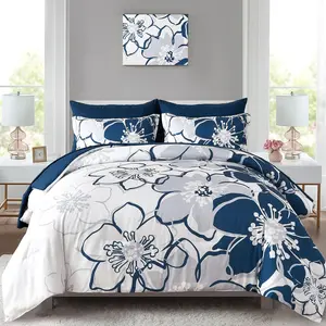 Navy Floral Comforter Set  Size 7 count, Blue Flower Bed in a Bag, Elegant Botanical Floral Comforter Soft Microfiber Complete Bedding Set for All Season, (Navy Blue, 104"x90")