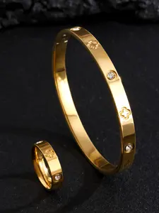 Vintage Simple Four-Leaf Flower Clover Zircon Stainless Steel Bracelet Ring Set, Vintage Jewelry Set, Unisex Daily Wear, Elegant Floral Design, Perfect Gift