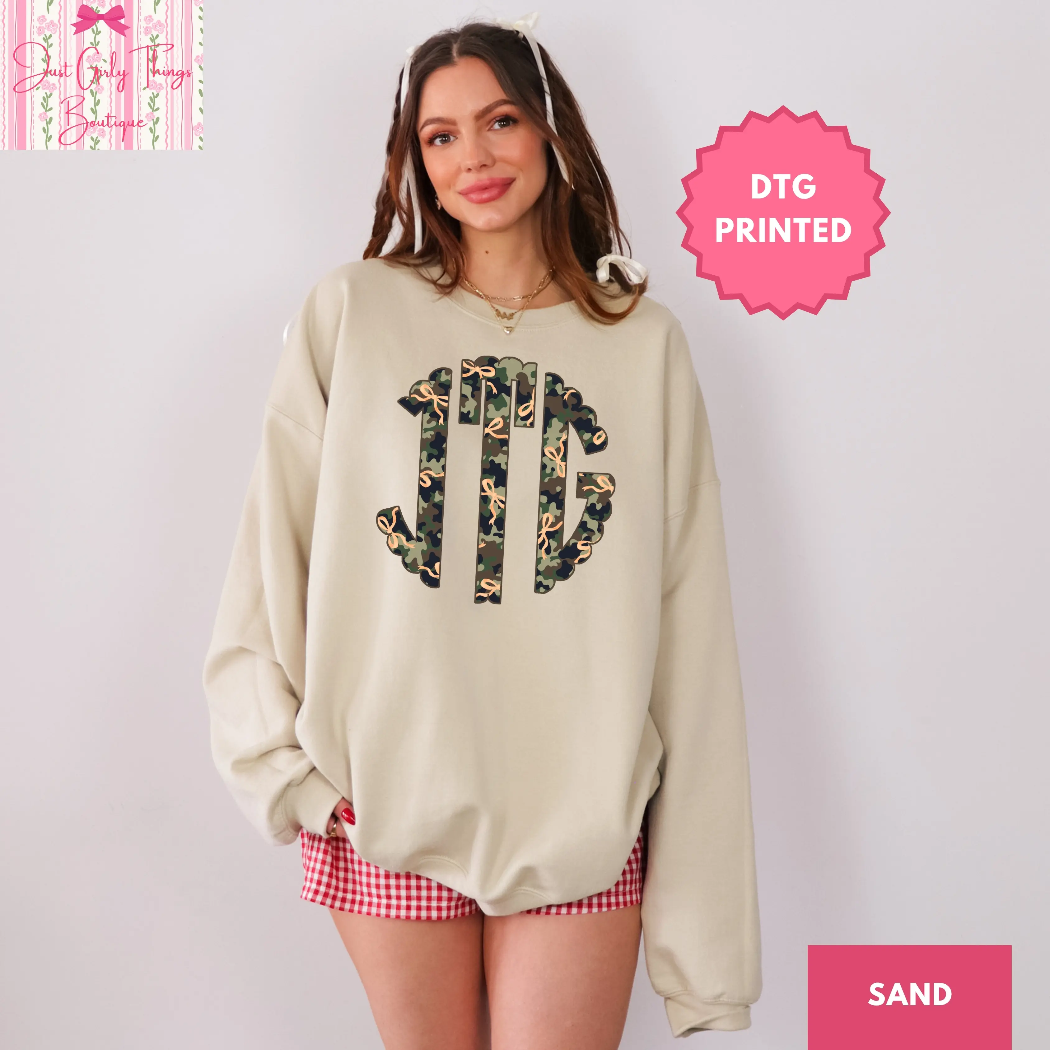 Custom Coquette Camo Monogram Sweatshirt ~ (Leave First Name Initial, Last Name Initial, Middle Name Initial in Notes at Checkout), Custom Name Sweatshirt, Personalized Name Sweatshirt, Custom Monogram Sweatshirt, Camo Monogrammed Sweatshirt