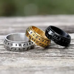 GTHIC Nordic Viking Runes Stainless Steel Spinner Ring for Men Women Statement Jewelry Daily Wear
