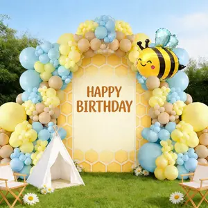 122pcs Honey Bee Balloon Garland Set, Blue Balloon Chain, Bee Foil Balloon, Baby Birthday Party Supplies
