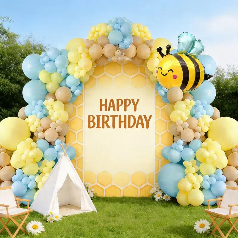 122pcs Honey Bee Balloon Garland Set, Blue Balloon Chain, Bee Foil Balloon, Baby Birthday Party Supplies, Pastel Balloon Arch, Balloon Decorations