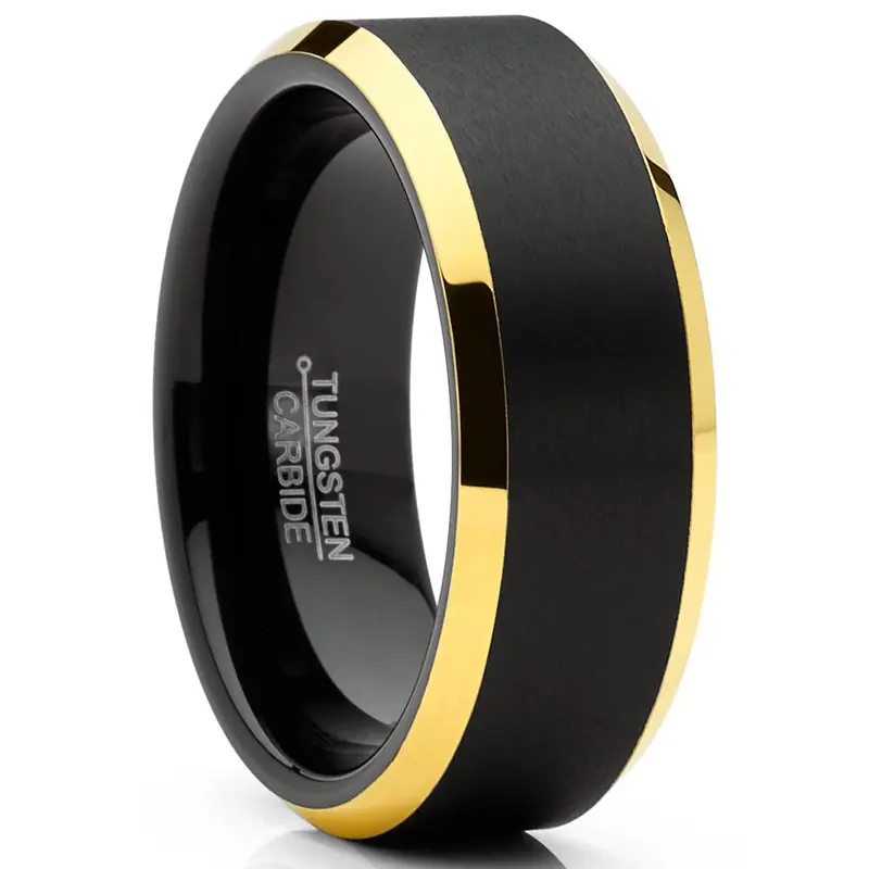 Men's 8MM 2-Toned Tungsten Band - Black Goldtone Beveled Edges, Flat Top, Hypoallergenic Comfort-Fit Classic Ring, Invisible Mens Wedding Band with Complimentary Gift Box