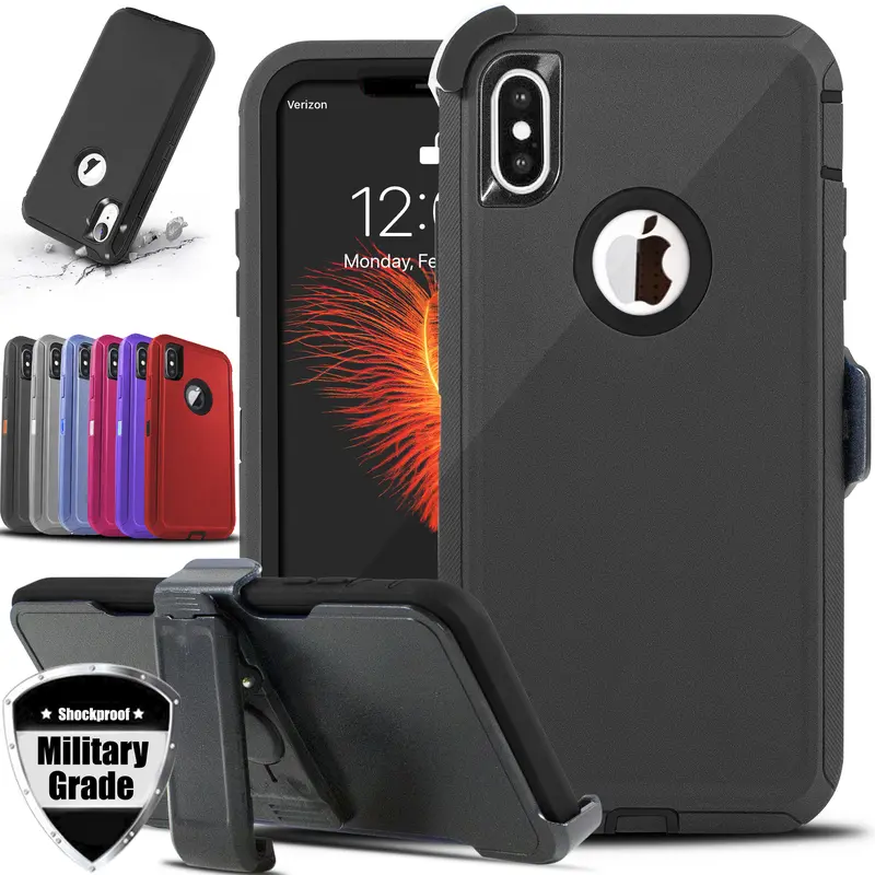 Heavy Duty Shockproof Polycarbonate-Silicone+PC Smartphone Casing with Rugged Rubber Grip, Protective Cover with Holster Belt Clip for iPhone X, XR, Xs Max - Mobile Phone Accessory for Device Protection