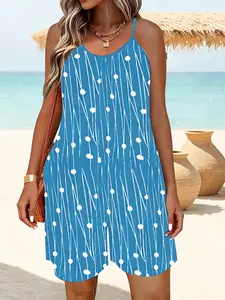 Elegant Summer Jumpsuit for Women, Loose-Fitting All-Over Print Design, Stylish Halter Neck with Pockets, Plus Size Fashion Bottoms