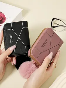 With a Pom-pom Charm, Stylish Wallet, Simple short wallet with zipper wrapped around clutch wallet, zipper wrapped around coin wallet, simple casual credit card storage bag with multiple card slots, suitable for outdoor and travel, Zipper Card Holder