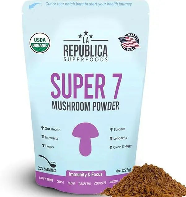 La Republica Superfood Super 7 Mushroom Extract Powder, Includes Lion's Mane, Reishi, Chaga, Cordyceps, Shiitake, Maitake, and Turkey Tail (8 oz) ﻿ Healthcare Dietary Vitamin Supplement