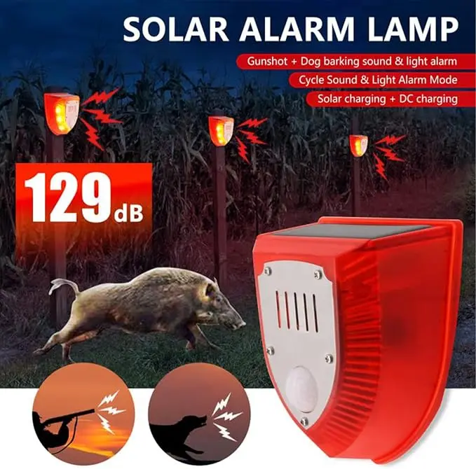 Solar-powered safety lamp alarm, 129 decibel warning sound and light flashing lamp, capable of simulating gunshots and dog barks, waterproof PIR motion sensor, suitable for farms, livestock sheds (red), outdoor safety speaker