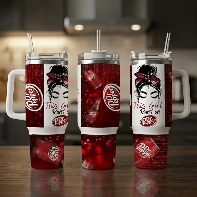 Pepper 40oz Insulated Tumbler With Handle & Straw, This Girl Runs On Pepper Glitter Tumbler, Red Sparkle Stainless Steel Travel Mug, Cute Soda Lover Cup, Pepper Fan Gift, Trendy Beverage Lover Drinkware
