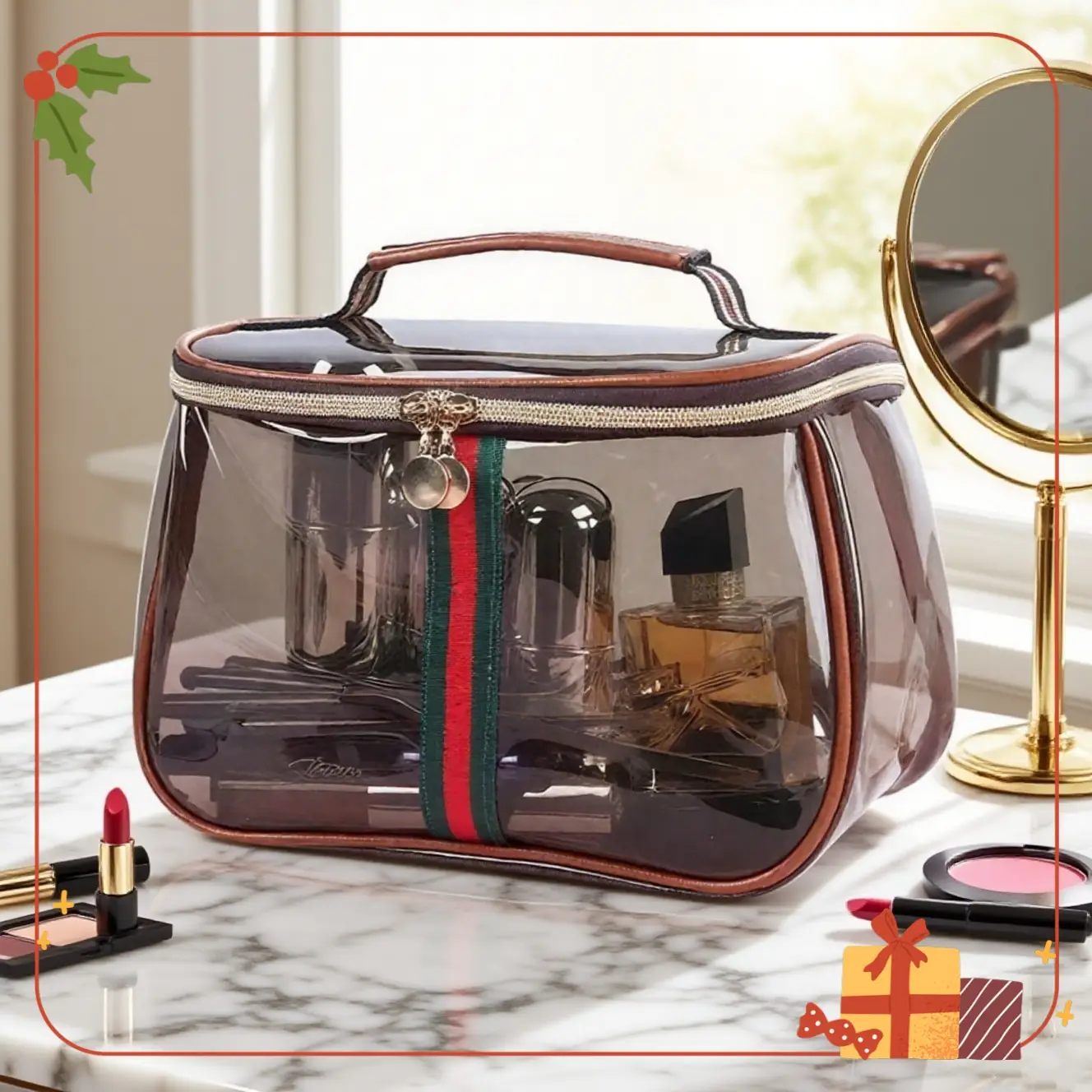 Vintage Large Capacity Waterproof Transparent Storage Bag, Wide Handle Design, Fashionable Luxury Gift for Toiletries & Cosmetics, Makeup Storage Bag