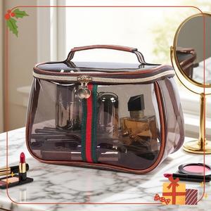 vintage waterproof transparent storage bag with wide handheld design, stylish luxury bag for toiletries and cosmetics, large capacity and non-restrictive handle