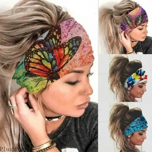 Women's 4-Pack Wide Bohemian Butterfly-Print Elastic Button Headbands, Soft Comfortable Sports Headwraps (6.1x9.3in), Headbands for Women Ideal for Yoga and Running