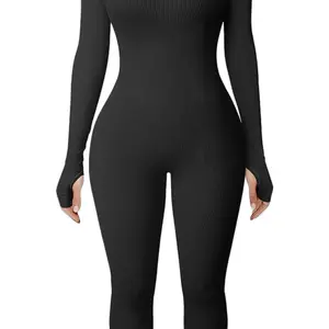 Women’s plain Minimalist Basic Square Neck Long sleeve bodysuit Black Black Black