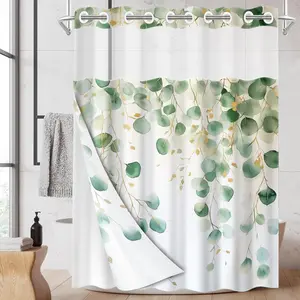 1PC/4PCS 2D Flat Printing Fresh Green Eucalyptus Leaves Pattern Patterned shower curtain, home bathroom decor, shower curtain set with 12 hooks, non-slip bathroom rug, U-shaped toilet seat cover, toilet seat mat.