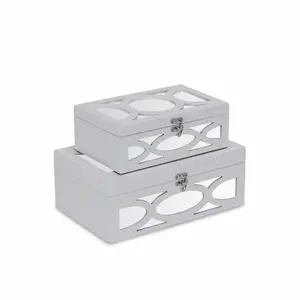 360 Stand 2-Piece Wooden Jewelry Storage Box Set - 4.5x7.5x11.75in White Oval Scroll Mirror Front Organiser, Handmade Bohemian Vibe, Compact 360-Degree Rotating Home Beauty Organizer, Stylish Organizer