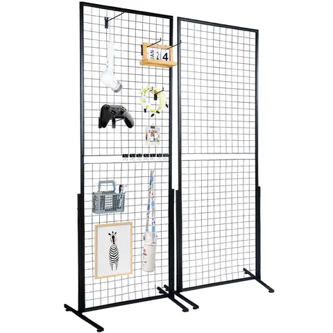 VEVOR 2-Pack Folding Floorstanding Grid Wall Panel Tower with T-Shaped Base, 2'x5.6' Double-Sided Wire Racks, 2 Bottom Meshes, Hangable Organiser Set with Extra Clips & Hooks, Easy Installation for Home Decor, Pot Storage, Art Craft Shows