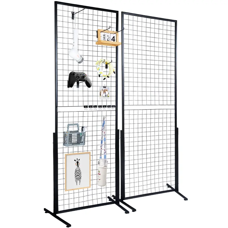 VEVOR 2-Pack Folding Floorstanding Grid Wall Panel Tower with T-Shaped Base, 2'x5.6' Double-Sided Wire Racks, 2 Bottom Meshes, Hangable Organiser Set with Extra Clips & Hooks, Easy Installation for Home Decor, Pot Storage, Art Craft Shows