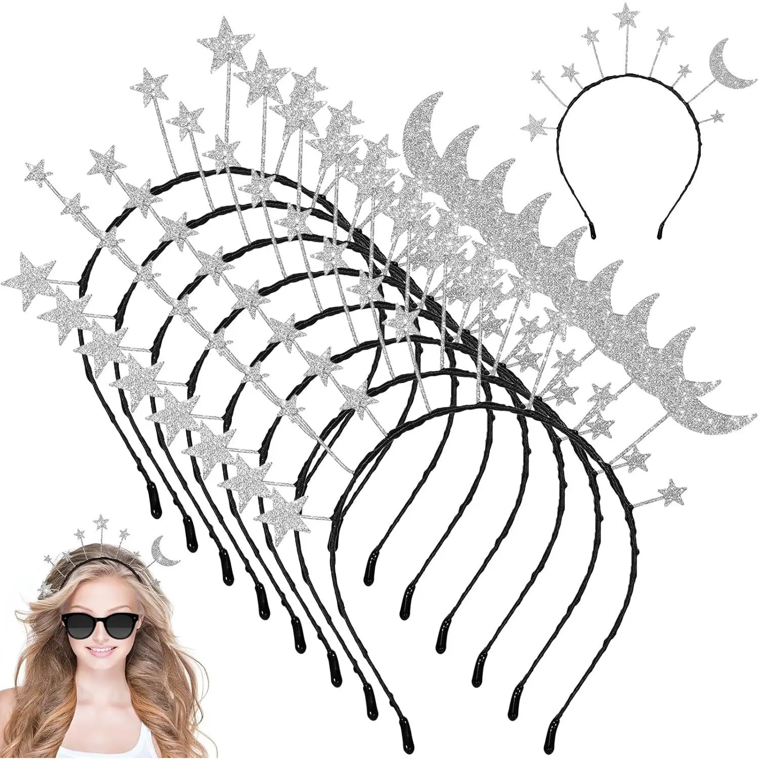 *HY-HDW018 8 Pcs Star Moon Headband Ramadan Costume Accessories Alien Headband Birthday Party Hair Hoop Glitter Hair Accessory for Women Wedding Princess Cosplay Party Costume Ramadan Silver