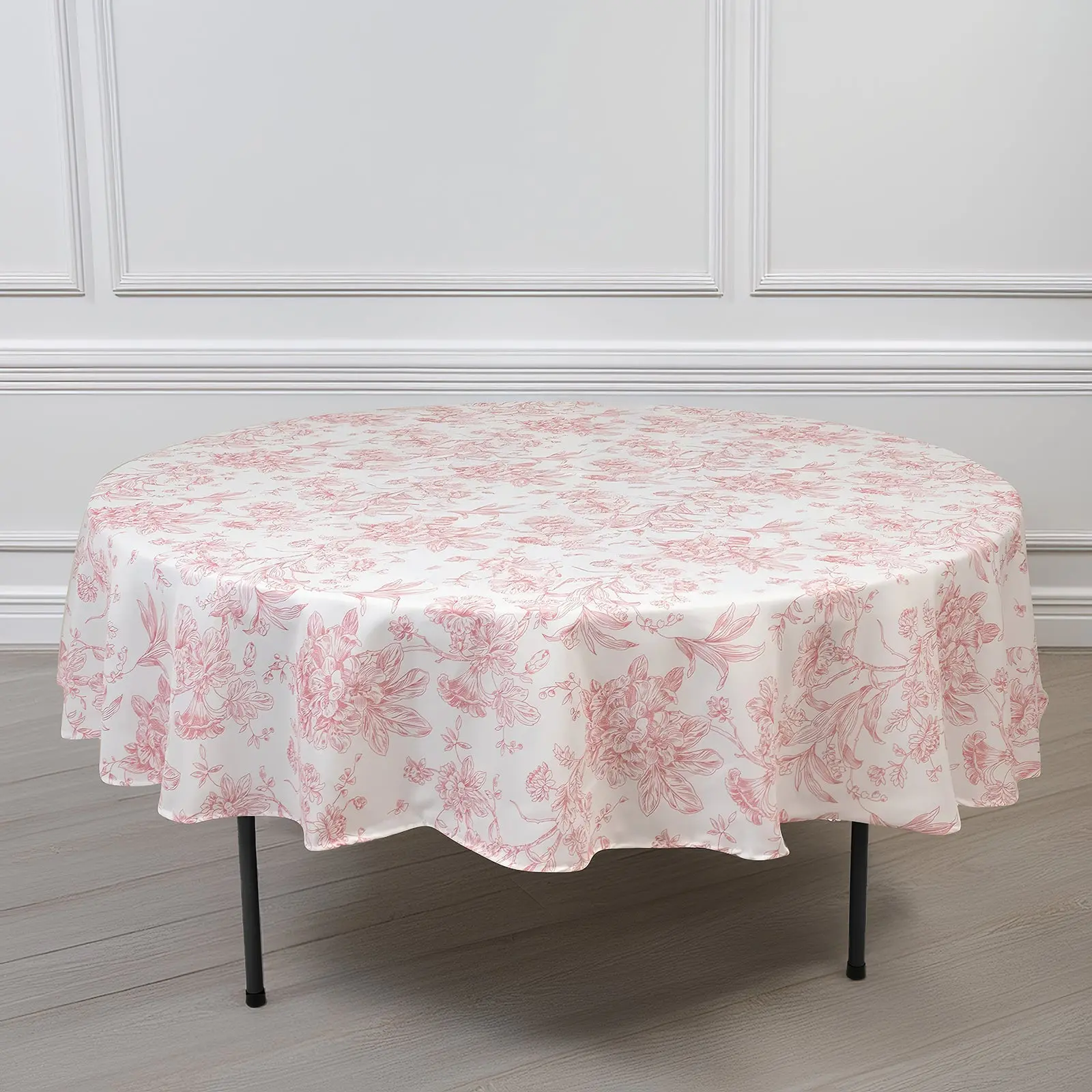 90" Polyester Round Outdoor Tablecloth - White with Pink French Toile Pattern, Classic Romantic, Machine Washable Wedding Table Cover for Outdoor Furniture Tables, Outdoor Tablecloths