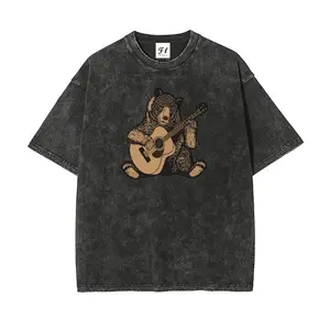 Bear Playing Guitar, Graphic Top, Workout Muscle Shirt, Washed Vintage Oversized Top,  Unisex Washed T-Shirt,  S~5XL Oversize Unisex Washed T-Shirt for Women and Men's Unisex Fit Batik Cotton Oversize Streetwear Menswear  Super Soft Pre-Shrunk