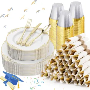 350 count  Plastic Plates for 50 Guests, Disposable Dinnerware Sets Include 100  Rim Plastic Plates, 50 Silverwares, 50 Cups, and 50 Pre Rolled Napkins for Party, Wedding, Graduation