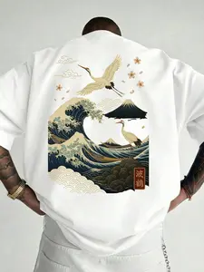 Unisex design, Menswear, urban Japanese style summer casual oversized short-sleeved T-shirt, Japanese ukiyo-e style crane and cherry blossom print, Japanese streetwear, everyday casual wear, cultural atmosphere