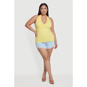 Plus Size Solid Tie Neck Halter Top