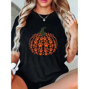 100% Cotton Halloween Pumpkin Shirt Women Leopard Graphic Tees Short Sleeve Fall T-Shirt Thanksgiving Gift Tops