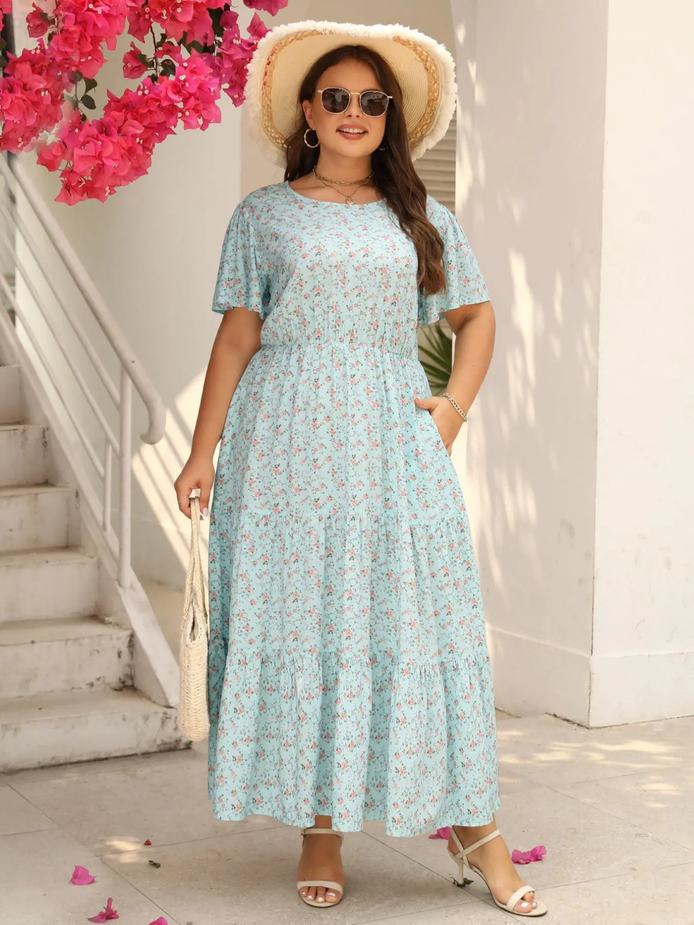 Plus SizeWomen's Ditsy Floral Print Pocket A Line Vintage Dress, Boho Floral Ruffle Clothes, Plus Plus SizeWomen's Ditsy Floral Print Pocket A Line Vintage Dress, Boho Floral Ruffle Clothes, Plus