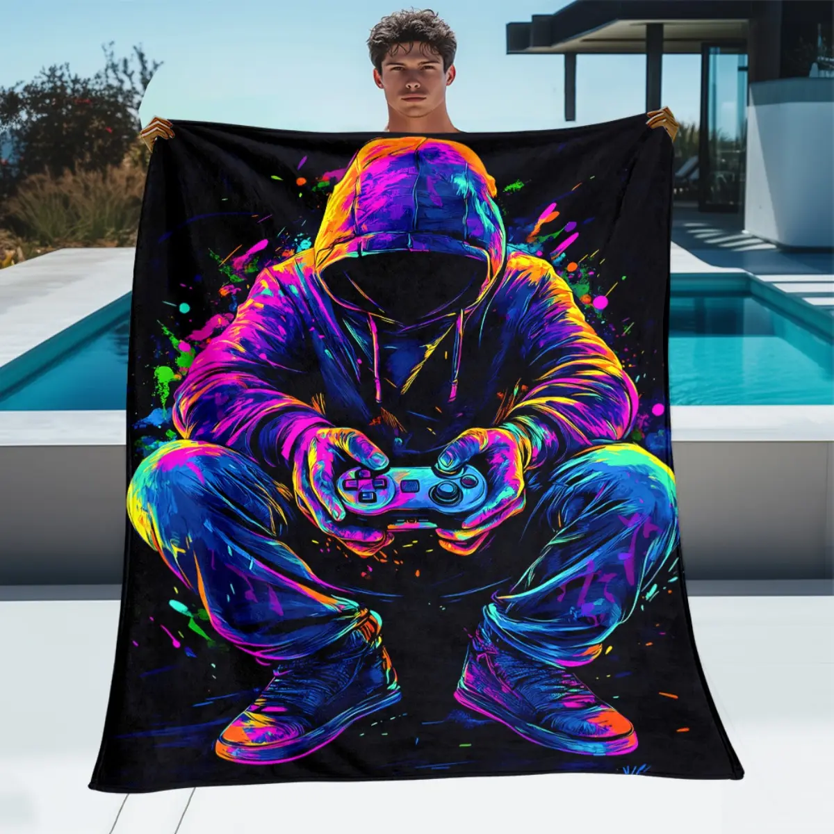 1pc Hooded Figure with Game Controller Blanket-Lightweight Flannel Home Furnishings Bedding Blanket Suitable for Sofas Beds Travel Camping Living Rooms Offices Sofas Chairs and Beds-Soft and Warm Flannel Fabric Digit,Weste,decorative,tapestry,wal,bohe,hip