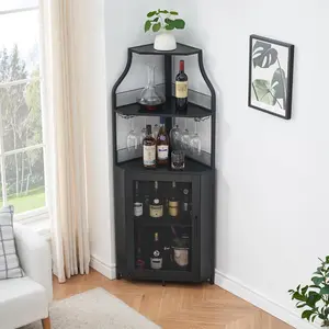Corner Wine Bar Rack Cabinet with Detachable Wine Rack, Bar Cabinet with Glass Holder, Small Sideboard and Buffet Cabinet with Mesh Door